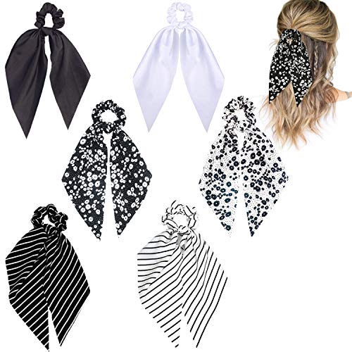 Hair Scarf Scrunchie Ties Black and White Hair Ribbon Ties Fashion Chiffon/Silk Ponytail Holder with Tails Knotted Bowknot Long Scarves Scrunchies Floral/Stripped/Solid Color for Women (6pcs)