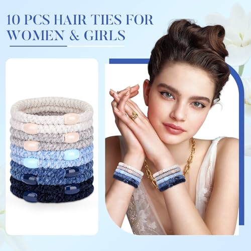 Image of FORENEE Braided Hair Ties No Damage, 10 Pcs Soft Plush Hair Bands for Women's Hair, Bracelet Hair Elastics & Ponytail Holders for Thick Hair - Light Blue