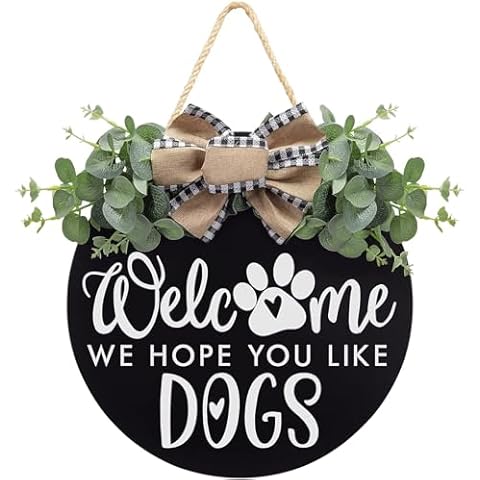 Welcome We Hope You Like Dogs Farmhouse Door Sign for Front Door Porch Decor with Eucalyptus Leaves & Buffalo Bow - Welcome Wreath Sign Hanging for Dogs Lovers Spring Summer Decor Housewarming Gift Cover