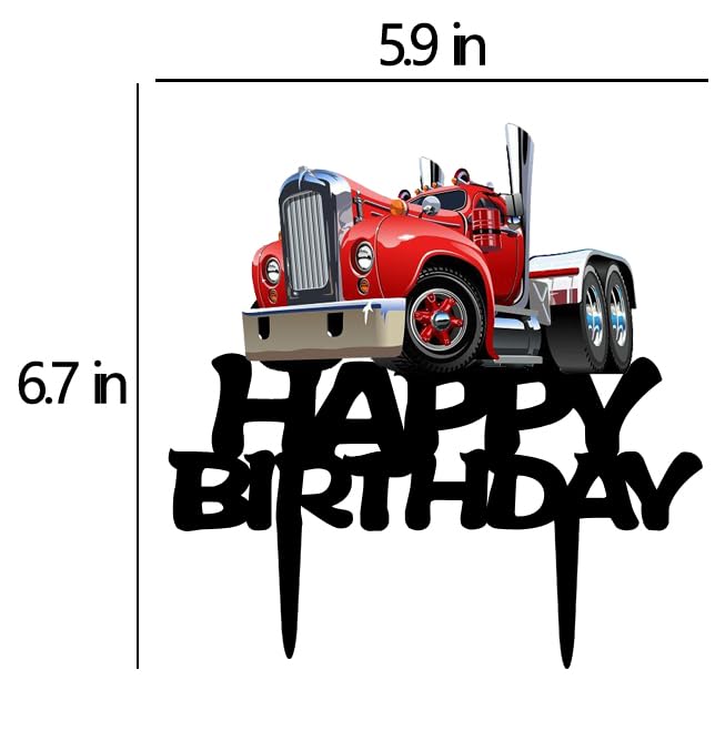 Heavy Truck Cake Topper Black Acrylic Transportation Theme Birthday Supplies, Heavy Truck Happy Birthday Cake Topper for Kid's Boy's Men' Birthday Party Decorations?Red?