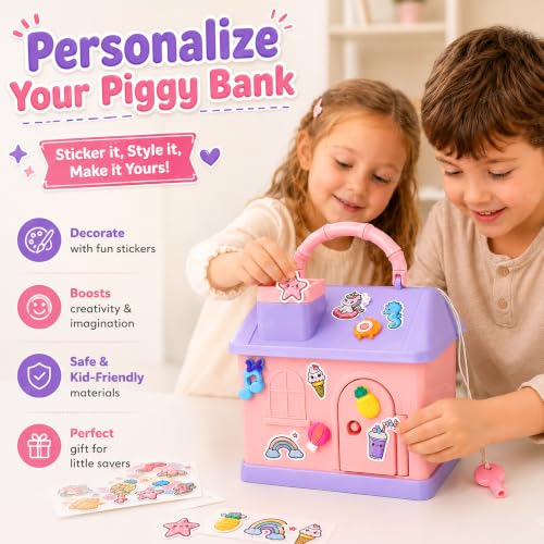 Image of Zest 4 Toyz Kids Piggy Bank with Key and Stickers Mini House Design Lockable Money Bank Portable Money Saving Box for Children Cute Design - Multicolor