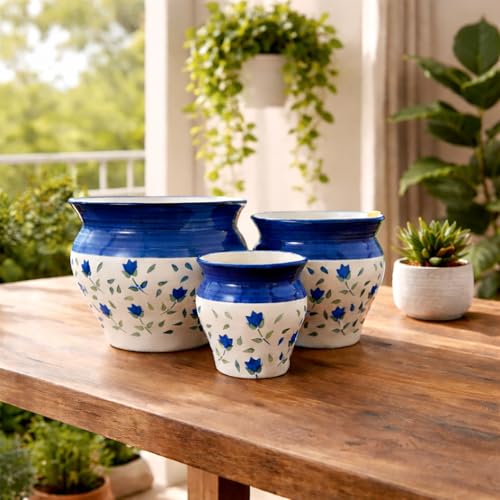 Image of Niyara Blue Leaf Printed Flower Planter Pot | Elegant Indoor Plant Container for Home Decoration & Gifting (Set of 3)
