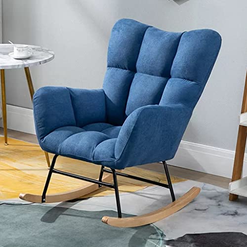 Mecedora de madera maciza con respaldo alto tapizado cómodo sillón para sala de estar y dormitorio (color: azul)