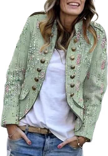 Women's Vintage Floral Print Button Open Front Blazers Casual Long-Sleeved Small high-Neck Work Suit Jacket