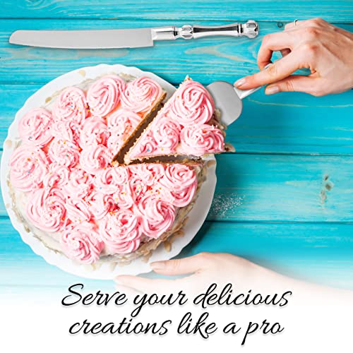 Homi Styles Wedding Cake Knife And Server Set | Elegant Silver Color Plastic Handles & Premium 420 Stainless Steel Titanium Plated Blades | Cake Cutting Set For Wedding Cake, Birthdays, Parties #TOP4