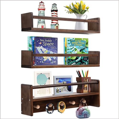 Image of AZSKY 16 Inch Nursery Book Shelves Wall Floating Bookshelf with Hook Deep Walnut Hanging Book Shelf Toddler Room for Kids Room Bedroom Bathroom Living Room Kitchen Set of 3
