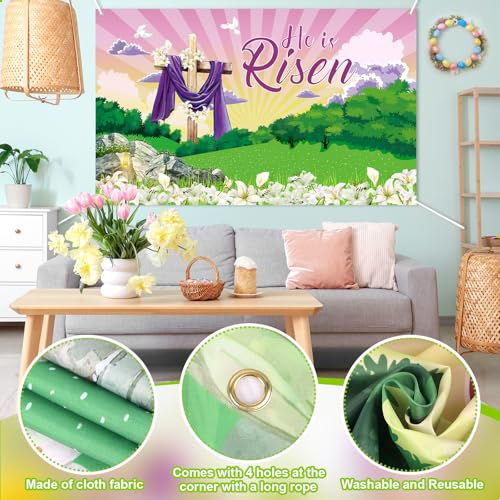Image of Large He is Risen Easter Banner Decorations Flag Outdoor 72x44 Inch, Cross Sign Christian Jesus Lily Flowers Banner for Indoor Home House Decor Party Supplies, Spring Yard Sign Background for Photography