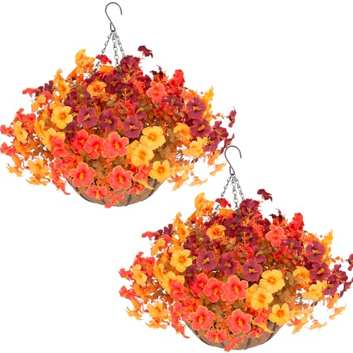 Daynight 2 Set Artificial Outdoor Fall Flowers with Hanging Baskets 24 Pcs Faux Petunias Flowers with Hanging Planter for Outside Porch Yard Garden Autumn Decor (2 Orange)