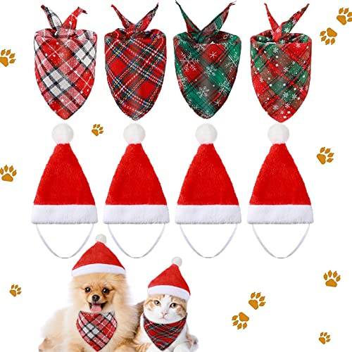 8 Pieces Christmas Dog Cat Santa Hats and Bandanas Triangle Dog Bibs Kerchief Buffalo Plaid Snowflake Bandanas Christmas…