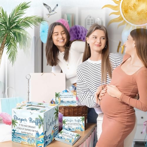 Image of Teling 51 Pieces Diaper Raffle Tickets with Card Box,Surf, Baby on Board