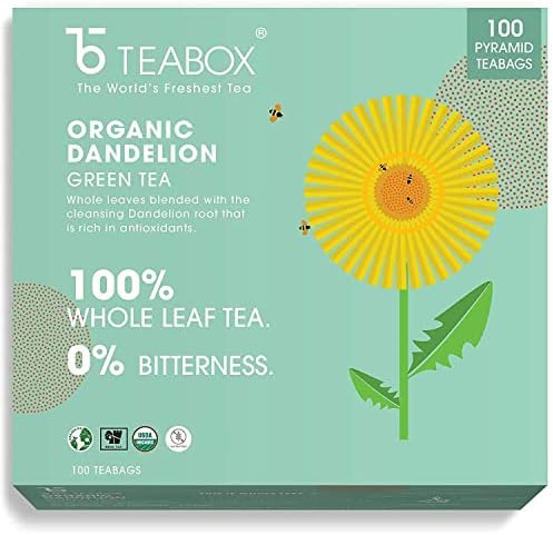 Teabox Organic Dandelion Root Green Tea, 100 Dandelion Tea Bags, Whole Green Tea Leaves with Natural Dandelion Roots (No Dust), USDA Organic, Gluten-Free Tea, Low-Caffeine