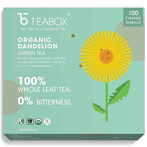 Teabox Organic Dandelion Root Green Tea, 100 Dandelion Tea Bags, Whole Green Tea Leaves With Natural Dandelion Roots (No Dust), Usda Organic, Gluten-Free Tea, Low-Caffeine #TOP2