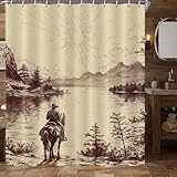 DYNH Western Cowboy Shower Curtain, Retro Country American Wild West Cowboy Riding Horse by The River Hand Drawn Fabric Shower Curtain Set for Bathroom Home Decor,72x72