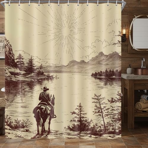 DYNH Western Cowboy Shower Curtain, Retro Country American Wild West Cowboy Riding Horse by The River Hand Drawn Fabric Shower Curtain Set for Bathroom Home Decor,72x72 by DYNH - Used condition - US$16.66