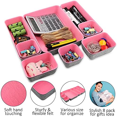 Newthinking Desk Drawer Organizer Trays, 8 Pack Square Storage Box Stackable Dividers, Save Desk Space Dividers Box for Home Office Cosmetics Storage BoxesPink