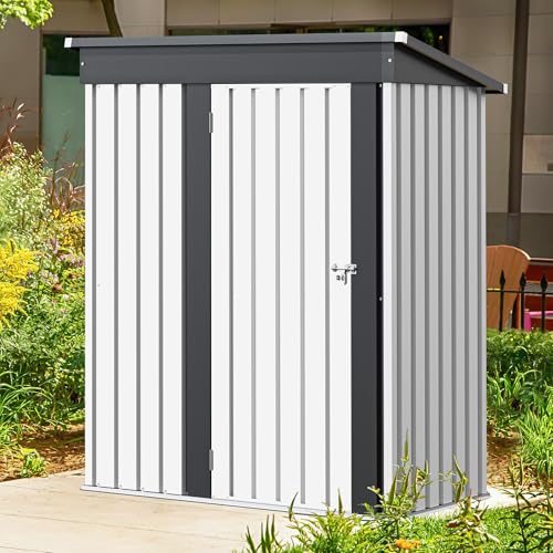 Image of GUNJI 5 x 3 FT Outdoor Metal Storage Shed, Outside Garden Shed with Lockable Door, Waterproof Tool Shed for Backyard, Patio, Lawn (White)