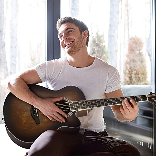 Winzz Hand Rubbed Series - 40 Inches Cutaway Acoustic Acustica Guitar Beginner Starter Bundle With Online Lessons, Padded Bag, Stand, Tuner, Pickup, Strap, Picks, Brown Sunburst #TOP1