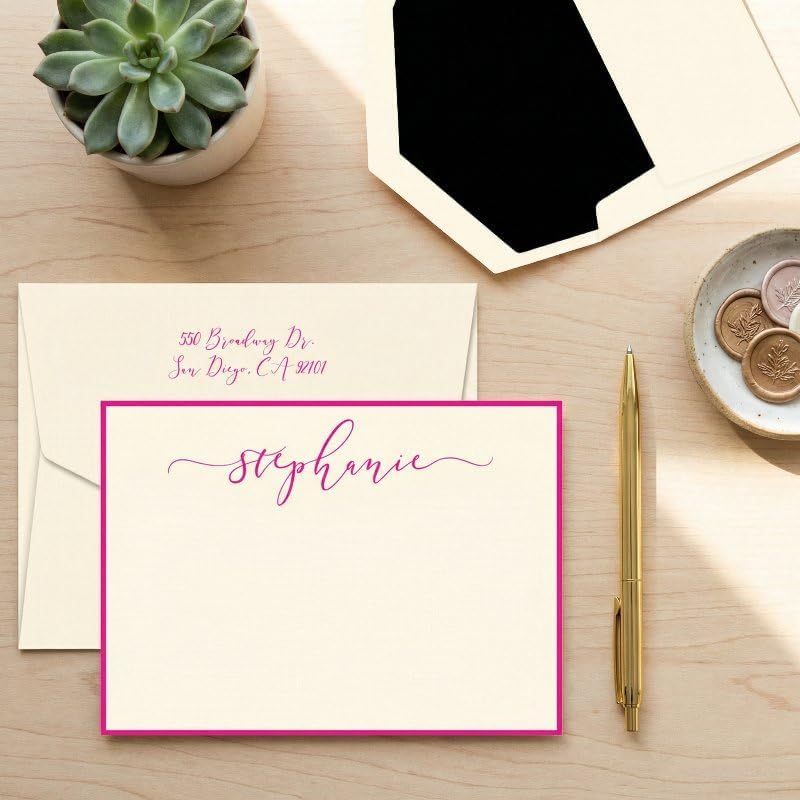 Personalized Bella Luna Flat Cards with Optional Border & Matching Envelopes | Horizontal Format | 4.5" x 6.25" | Triple-Thick 140 lb Cover Cardstock | Raised Ink Thermography | Custom Stationery | Set of 25 | Made in the USA