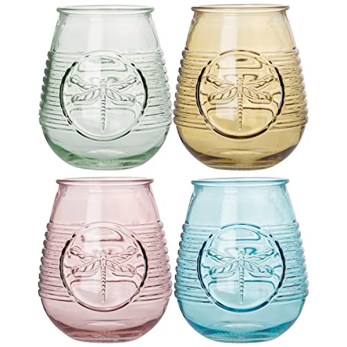 Glaver's Set Of 4 21 Oz. Colored Glasses, Multicolor Embossed Dragonfly Wine Glasses, Vintage Drinking Glasses, Tumblers For All You Favorite Cocktails And Beverages, Handwash Only #TOP1