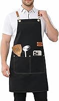 NALVIEVANA Black Waterproof Canvas Chef Apron for Men & Women - Adjustable Cross-Back, 4 Pockets for BBQ Baking Kitchen Restaurant