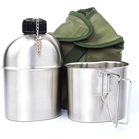Latinaric 1.2QT Portable Water Bottle Stainless Steel Military Canteen with Cup Green Bag Outdoor Sport Camping Hiking Travel Cover