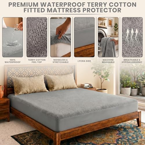 Image of Lithara Terry Cotton Fitted Mattress Protector for Single Bed | Waterproof & Elastic Band | Ultra Soft & Hypoallergenic Mattress Cover | Size : 36 x 75 Inches (3 x 6.25 Feet) | (Greyish)