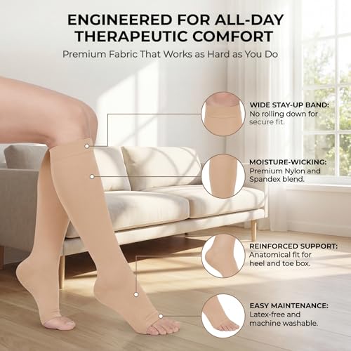 Image of MGANG Plus Size Knee High Compression Socks for Varicose Veins | Graduated Compression, Extra Wide Calf, Circulation, DVT, Swelling, Nurses, Pregnancy, Standing, Office, Flight, Travel