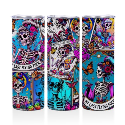 PQV Funny Gifts Skull 20 oz Skinny Tumbler Stainless Steel Slim Insulated Tumblers Straight Tumbler Cups Coffee Mug Thermal Travel Cup with Lid, Birthday Witchy Gifts for Women, Sarcastic Tarot Cards
