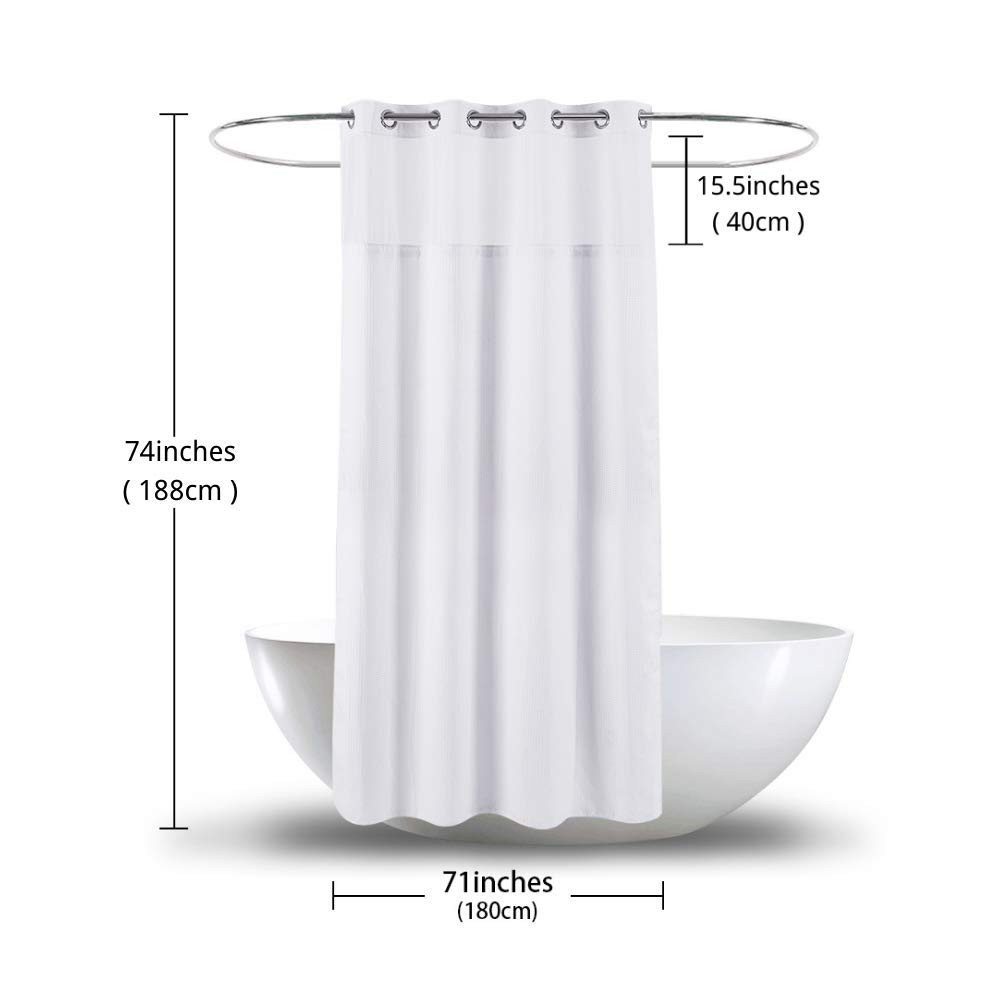 Rideau de douche en tissu gaufré blanc sans crochets avec doublure amovible en polyester – Rideau de bain très résistant avec dessus transparent, lavable en machine – 180 x 188 cm