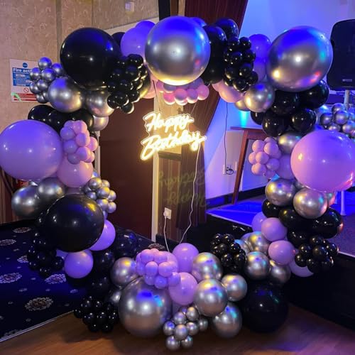 Image of Purple Black Balloons Set, 60 PCS Purple Silver Birthday Balloon, Metallic Black Silver Purple Confetti Balloons Latex Balloon for Birthday Wedding Graduations Party Decorations