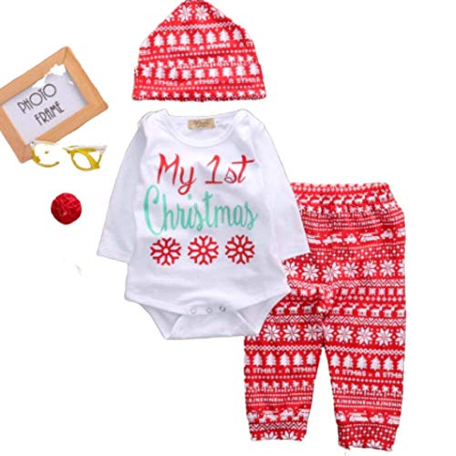 Anigood Baby Boy Girl Newborn First Christmas Clothe Romper Pant Hat Outfit 4Xpieces Set (0-3 Months)