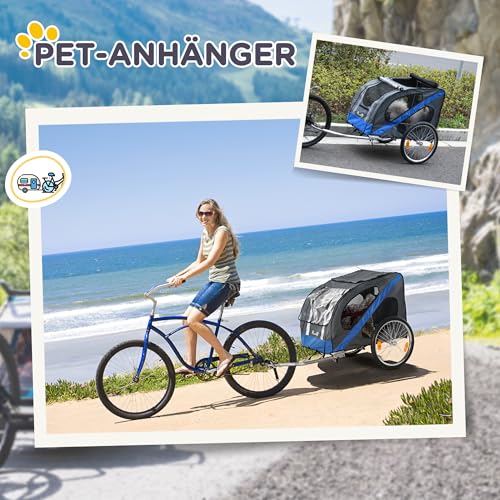 PawHut Hundeanhänger Fahrradanhänger Hundetransporter geländegängig Hunde Fahrrad Anhänger für Hunde Wetterfestes Oxford-Gewebe Stahlrahmen 145 x 80 x 87 cm Grau+Blau
