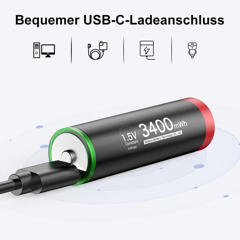 Pilas Recargables USB-C, 4 AA 3400mWh + 4 AAA 1200mWh Litio | Carga Rápida USB-C, Sin Efecto Memoria. Ideal para Mandos, Juguetes Y Linternas. Ahorra Dinero Y Protege El Medio Ambiente