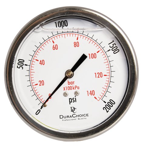 4" Oil Filled Pressure Gauge, 0-2,000 PSI, 1/4" NPT Center Back Mount