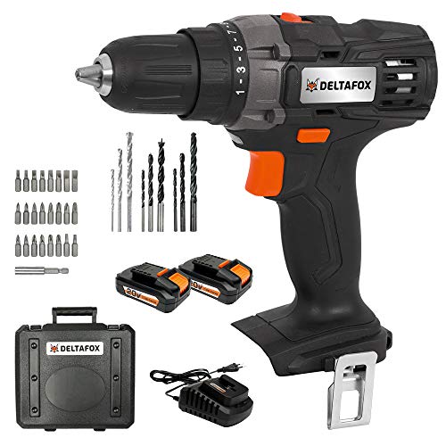 DELTAFOX 20V Akkuschrauber inkl. 2x 2.0 Ah Akku & Ladegerät + 34 tlg. Bit-/ Bohrer Set (45NM, LED Licht, Gürtelclip, 21+1 Stufen, 2 Gänge, Schnellspannbohrfutter)