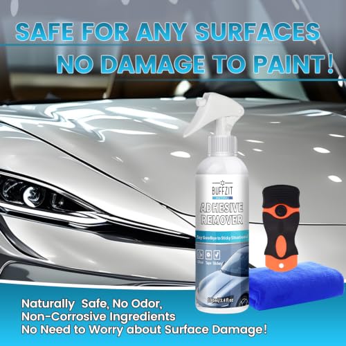 Image of Car Adhesive Remover Spray - Glue & Sticker Remover for Car Paint, Glass & Windows, Removes Decals, Tape & Label Residue - Automotive Adhesive Cleaner Kit with Scraper & Towel, 3.4oz /100ml