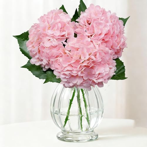 Pink Hydrangea Artificial Flowers 21 Inch Realistic Artificial Hydrangea Large Real Touch Flowers with Stems & Leaves for Wedding Bouquets Centerpieces Home Decor Party Table Decoration (3Pcs )