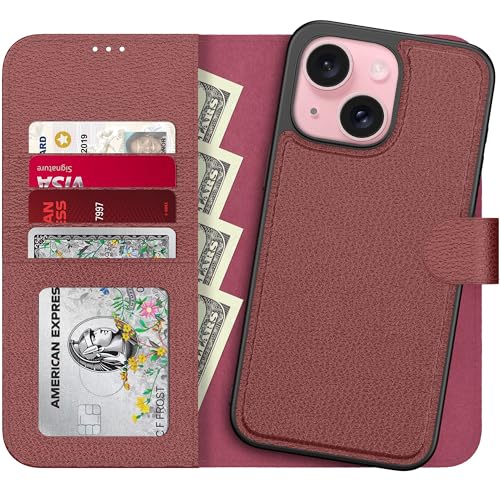 Étui portefeuille iPhone 15 Plus LUMARKE rouge en cuir avec béquille