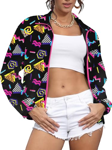 UOUA 80s Windbreaker Jacket for Women Retro Neon Color Block Patchwork Wind Breaker Long Sleeve Reversible Casual Coat Black Print S