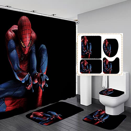 Frameless Boys Bathroom 4 Pieces Shower Curtain Set Toilet Lid Cover and Bath Mat Non-Slip Rugs Durable and Waterproof Spider Bathroom Decorations 72 x 72