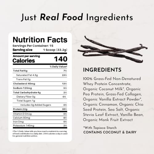 Image of JUST INGREDIENTS Vanilla Bean Protein Powder - Grass-Fed Whey Blend, Organic, Gluten Free, Dairy Free, Soy Free - 15 Servings, 22g Protein