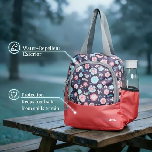 Image of ORBY Lunch Bag Flower Leaf Pink| Water-Repellent Durable Fabric | Tiffin Bag with Bottle Holder & Front Pocket | Strong Zipper & Spacious Meal Storage (Floral Leaf Pattern, Pink)