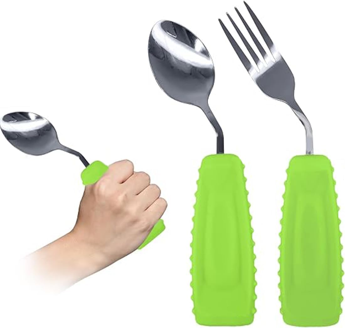 Adaptive Utensils,Weighted Angled Silverware,Parkinsons Aids,Curved Non-Slip Easy Grip Spoon and Fork Set for Tremors,Disabled,Handicap,Elderly,Arthritis (Right Hand,Pack of 2,Green)