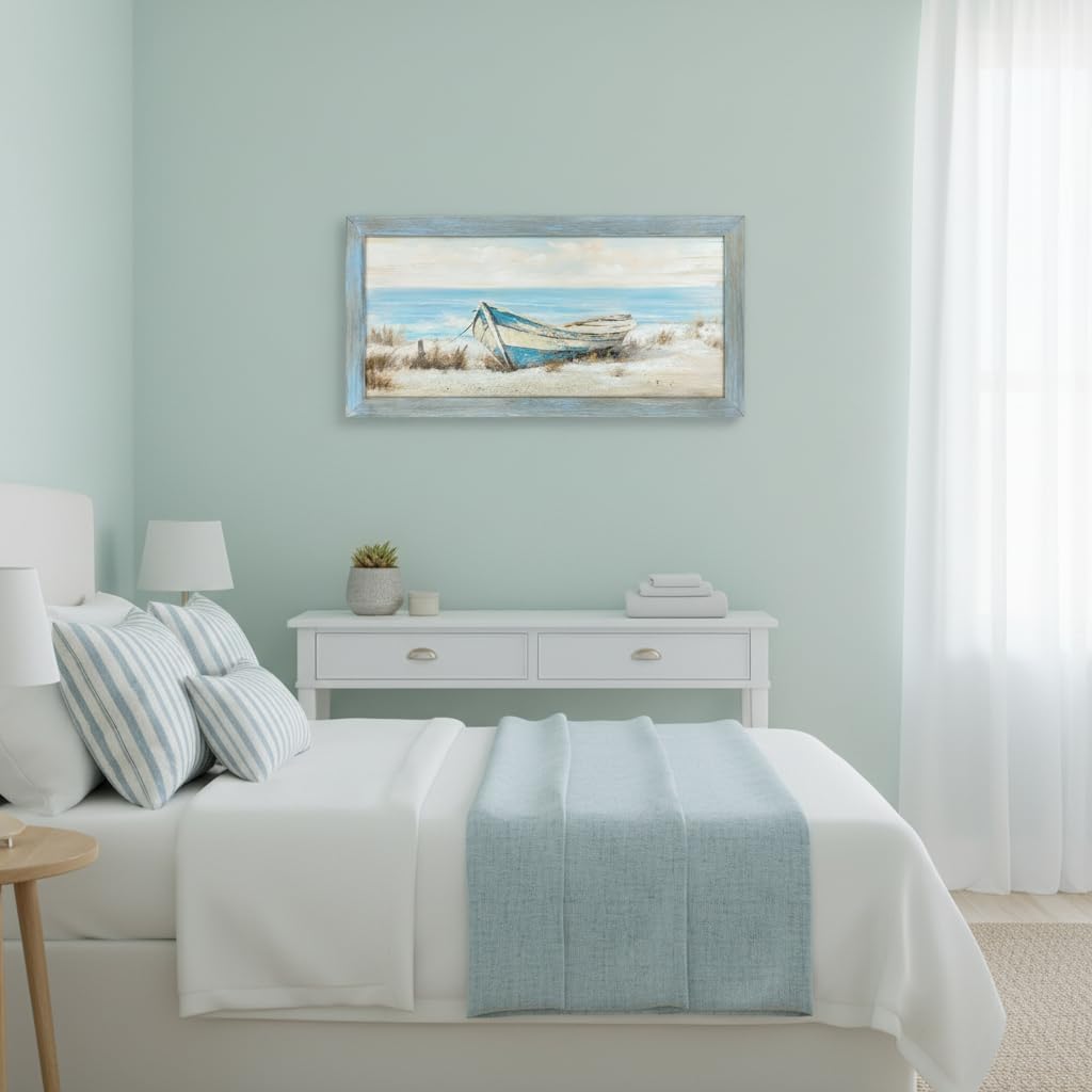 Coastal Wall Art Wood Decor: Beach Boat Framed Picture Rustic Ocean Sea Painting Seaside Landscape Print Artwork for Living Room Home Office Decor 40 x 20 Inch