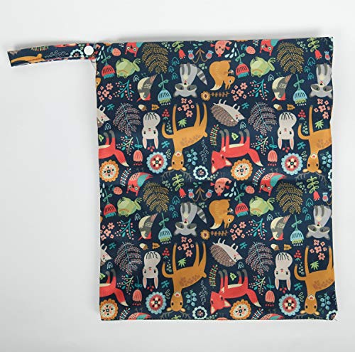 Sigzagor Wet Bag Baby Cloth Diaper Nappy Insert Reusable Washable With Two Zipper Pockets (Forest Animal Fox Owl)