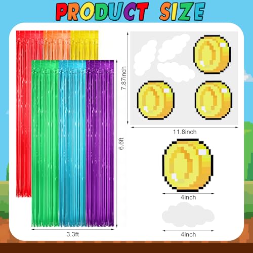 Tingjoo 2 Pcs Super Themed Foil Fringe Backdrop Curtain with Coin Cloud Decal 3.3 x 6.6 ft Video Games Theme Birthday Party Decorations, Video Games Photo Booth Props Baby Shower Party Supplies by Tingjoo - Used condition - Image 4