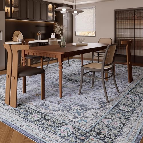 Vintage 8x10 Washable Area Rug, Low-Profile Large Area Rug with Non-Slip Backing & Durable Edge Binding, Pet-Friendly Carpet, Large Rug for Living Room, Bedroom, Dinning Room