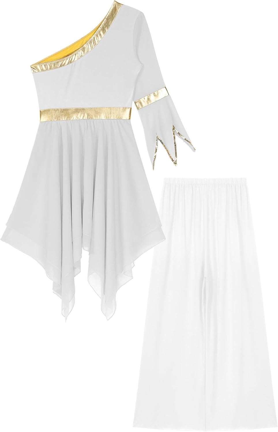 FEESHOW Women One Shoulder Liturgical Praise Dance Dress with Metallic Palazzo Pants Church Worship Outfits