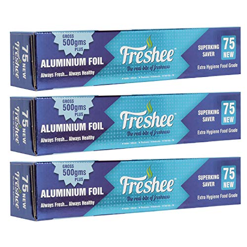 Image of Freshee Aluminium Silver Kitchen Foil Roll 500gm, Pack of 3 11 Micron Thick, Food wrap, Disposable, Food Parcel, Fresh Food