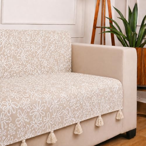 Image of STITCHNEST 'Verdant Phool Stories' 2 Seater Sofa Cover - Full Coverage| Elegant Jacquard Fabric, Decorative Tassels, Washable & Durable for Modern Living